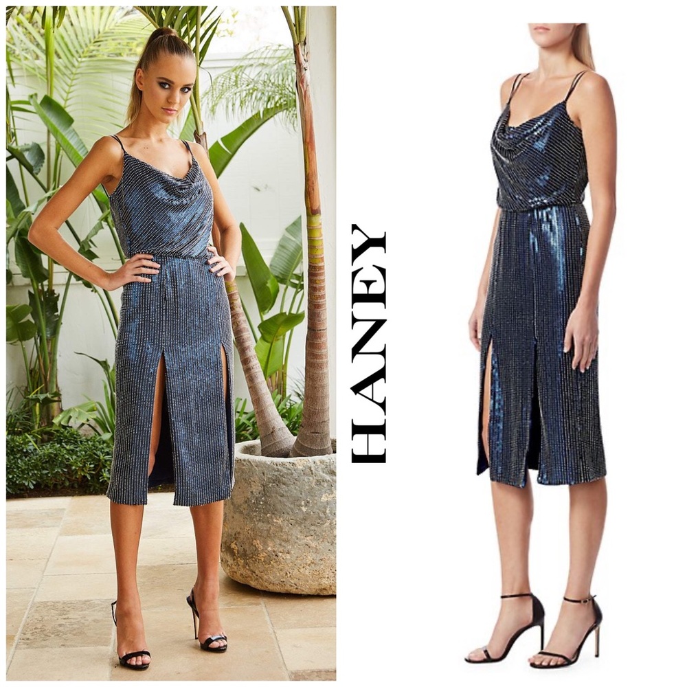 NWT Haney Elise Sequin Embellished Thigh-Slit Midi Cocktail Dress Flapper Gatsby - Picture 8 of 16